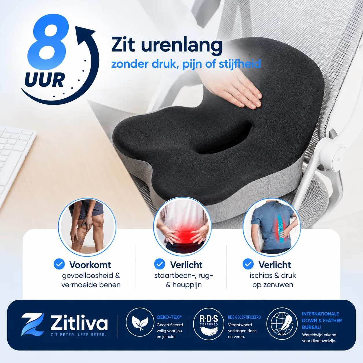 Zit urenlang zonder druk, pijn of stijfheid